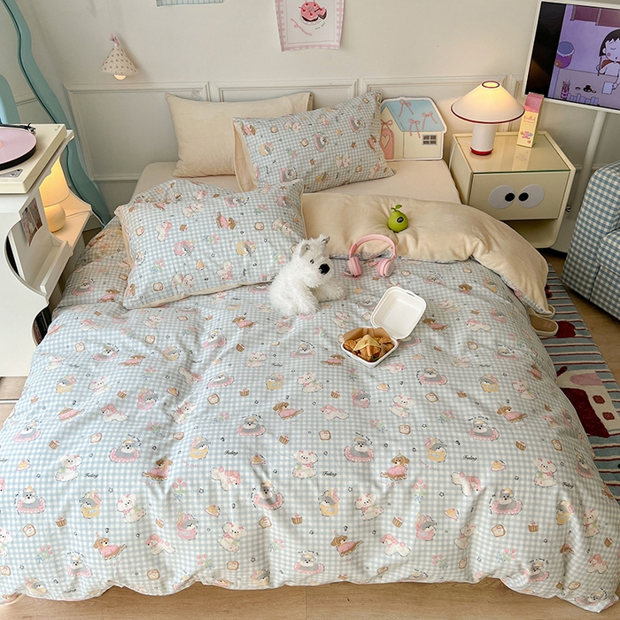 91家纺网 家纺一手货源 找家纺 昔可家纺 2024新款秋冬新款棉加牛奶绒四件套 小狗日记