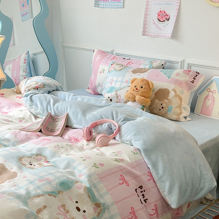 91家纺网 家纺一手货源 找家纺 昔可家纺 2024新款秋冬新款棉加牛奶绒四件套 拼接油画狗