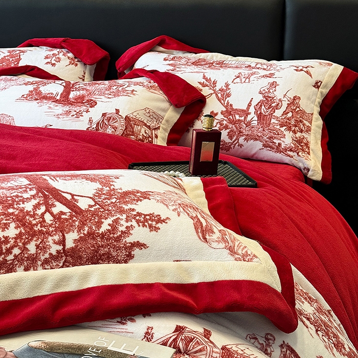 91家纺网 家纺一手货源 找家纺 凡客家居 2024新款高克重牛奶绒数码印花双拼角四件套 玫瑰情缘