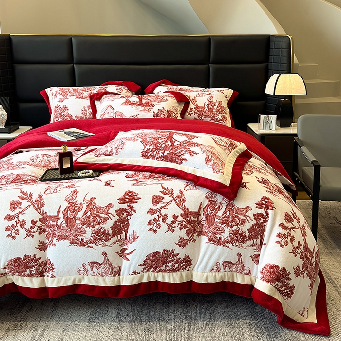 91家纺网 家纺一手货源 找家纺 凡客家居 2024新款高克重牛奶绒数码印花双拼角四件套 玫瑰情缘