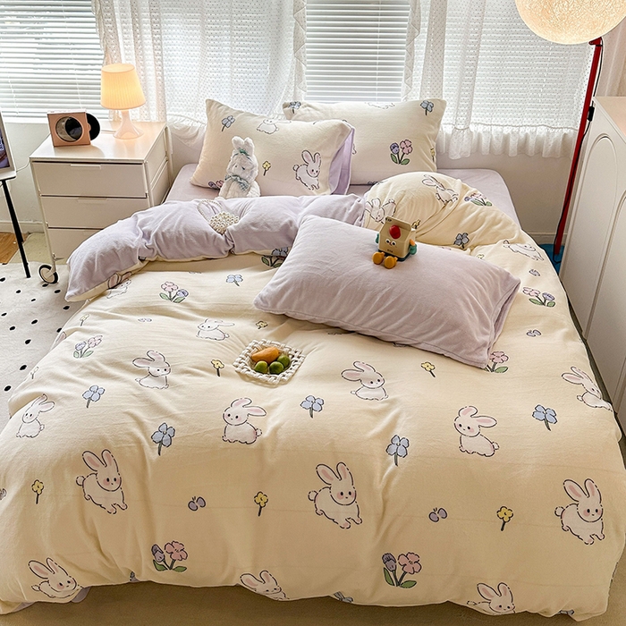 91家纺网 家纺一手货源 找家纺 昔可家纺 2024新款印花牛奶绒四件套系列-2023年热款系列 花小兔