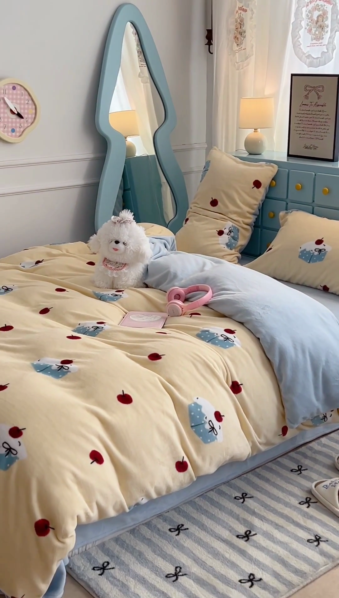 91家纺网 家纺一手货源 找家纺 昔可家纺 2024新款印花牛奶绒四件套系列-ins少女系列 樱桃奶油蛋糕