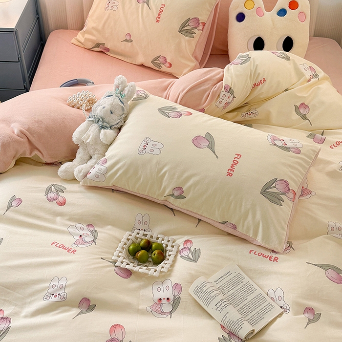 91家纺网 家纺一手货源 找家纺 昔可家纺 2024新款秋冬新款棉加牛奶绒四件套 软萌兔兔郁金