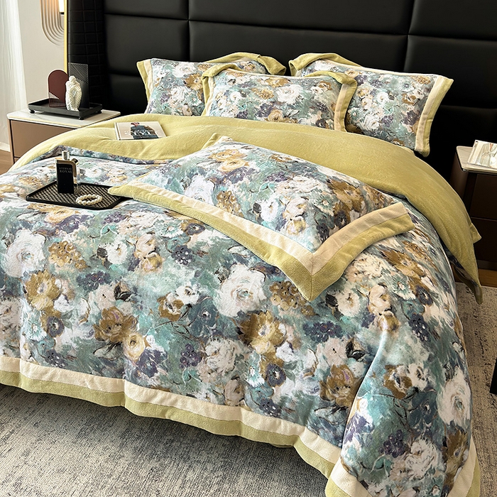 91家纺网 家纺一手货源 找家纺 凡客家居 2024新款高克重牛奶绒数码印花双拼角四件套 温斯顿