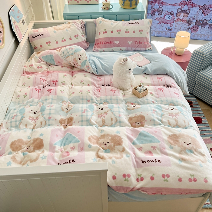 91家纺网 家纺一手货源 找家纺 昔可家纺 2024新款印花牛奶绒四件套系列-卡通系列 油画狗狗