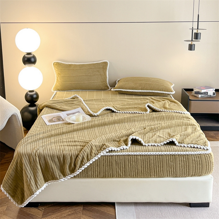 91家纺网 家纺一手货源 找家纺 欧邦 新款提花针织绒牛奶绒铂金系列床笠三件套四件套 针织绒-摩卡棕