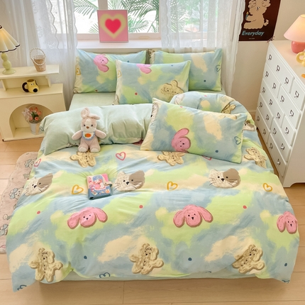 91家纺网 家纺一手货源 找家纺 瑞莱 2024秋冬网红款棉加绒四件套 棉绒蜡笔画