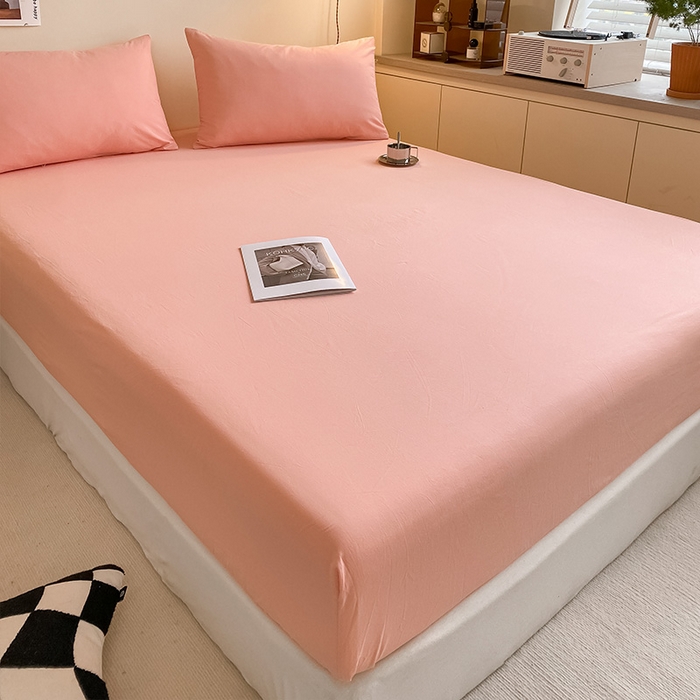 91家纺网 家纺一手货源 找家纺 眠帛家居 2024新款A类亲肤水洗棉纯色单品床笠三件套 奶油粉