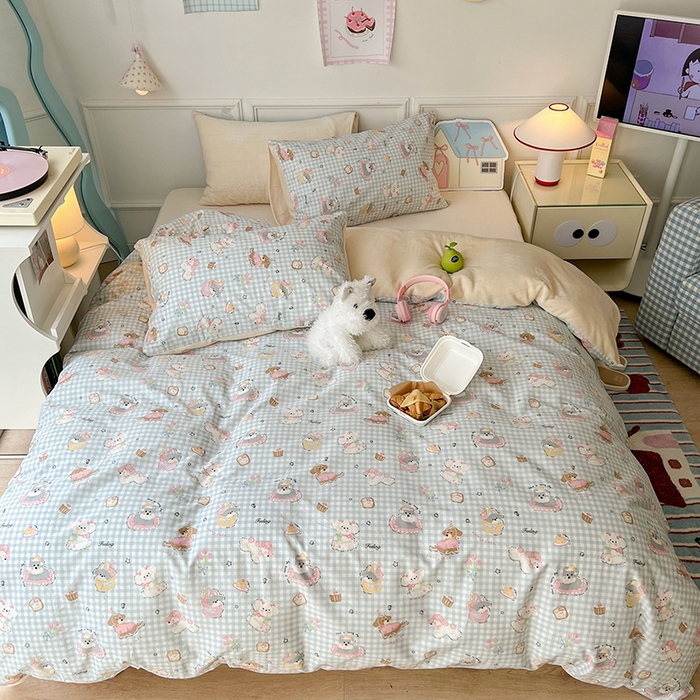 91家纺网 家纺一手货源 找家纺 昔可家纺 2024新款秋冬新款棉加牛奶绒四件套 小狗日记