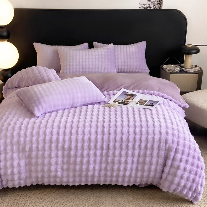 91家纺网 家纺一手货源 找家纺 品乐家纺 2024新款A类泡泡兔绒四件套 泡泡  梦幻紫