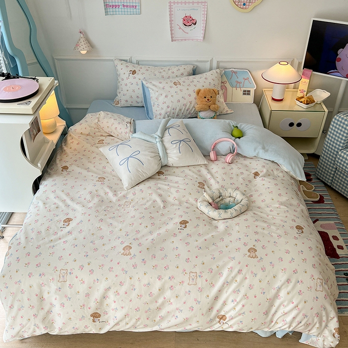 91家纺网 家纺一手货源 找家纺 昔可家纺 2024新款秋冬新款棉加牛奶绒四件套 碎花小狗