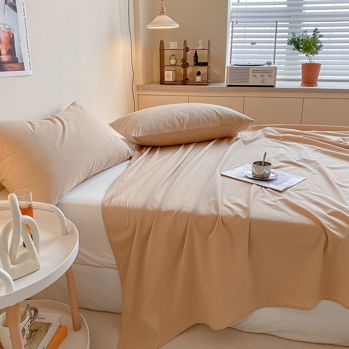 91家纺网 家纺一手货源 找家纺 眠帛家居 2024新款A类亲肤水洗棉纯色单品床单三件套 奶茶