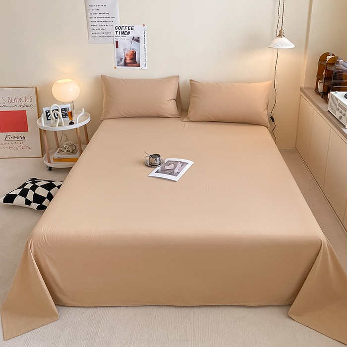 91家纺网 家纺一手货源 找家纺 眠帛家居 2024新款A类亲肤水洗棉纯色单品床单三件套 奶茶