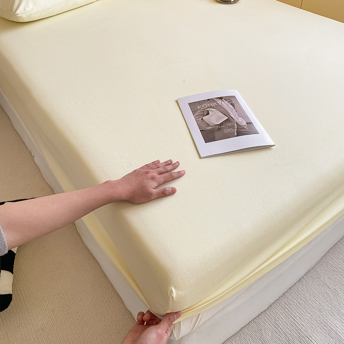 91家纺网 家纺一手货源 找家纺 眠帛家居 2024新款A类亲肤水洗棉纯色单品床笠三件套 奶黄