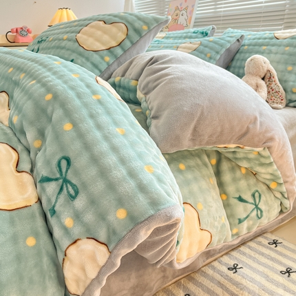 梵克保罗 2024秋冬新款加厚泡泡牛奶绒数码印花工艺立体仿兔毛四件套 爱心绿