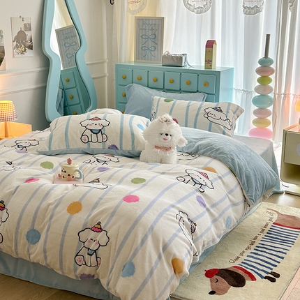 昔可家纺 2024新款印花牛奶绒四件套系列-卡通系列 蓝波纹奶狗
