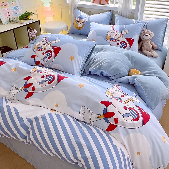 91家纺网 家纺一手货源 找家纺 金鑫汇家纺 2024年新款棉加绒印花四件套保暖牛奶绒法莱绒水晶绒棉加绒-冲上云霄