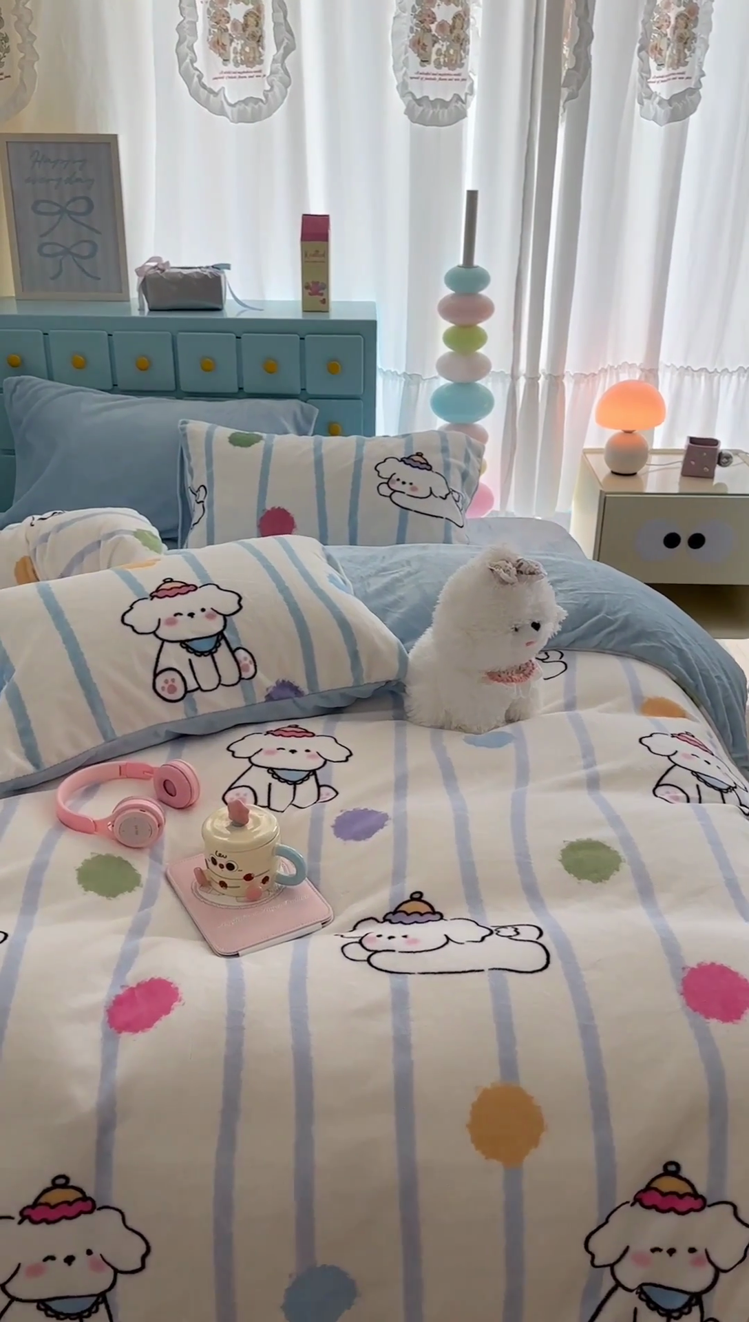 91家纺网 家纺一手货源 找家纺 昔可家纺 2024新款印花牛奶绒四件套系列-卡通系列 蓝波纹奶狗