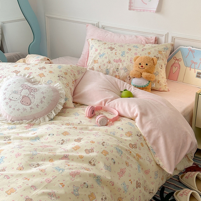 91家纺网 家纺一手货源 找家纺 昔可家纺 2024新款秋冬新款棉加牛奶绒四件套 可爱小萌物