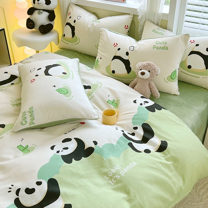 91家纺网 家纺一手货源 找家纺 金鑫汇家纺 2024年新款棉加绒印花四件套保暖牛奶绒法莱绒水晶绒棉加绒-熊猫乐园