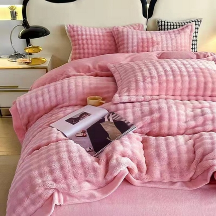 玖琳家纺 2024新款A类大泡泡懒兔毛绒+牛奶绒四件套 桃红