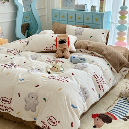 昔可家纺 2024新款印花牛奶绒四件套系列-卡通系列 朱古力小灰熊