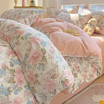 优选良品 2025直播爆款加厚全棉磨毛四件套喷气印花纯棉（一字绣工艺款）学生三件套9月上新 花暖香风