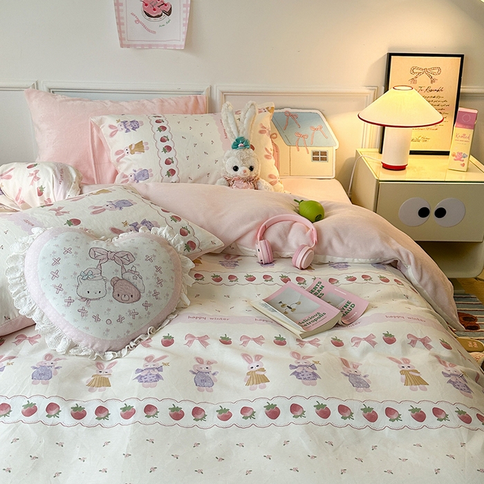 91家纺网 家纺一手货源 找家纺 昔可家纺 2024新款秋冬新款棉加牛奶绒四件套 仙女小兔