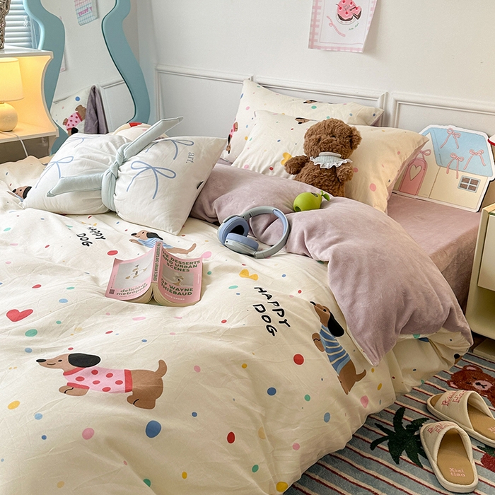 91家纺网 家纺一手货源 找家纺 昔可家纺 2024新款秋冬新款棉加牛奶绒四件套 毛衣腊肠狗