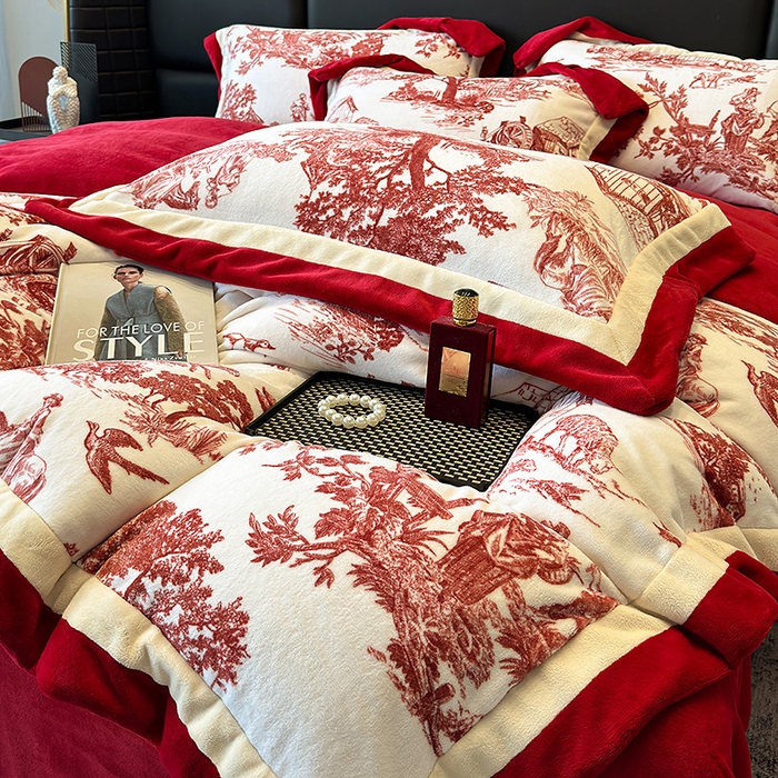 91家纺网 家纺一手货源 找家纺 凡客家居 2024新款高克重牛奶绒数码印花双拼角四件套 玫瑰情缘