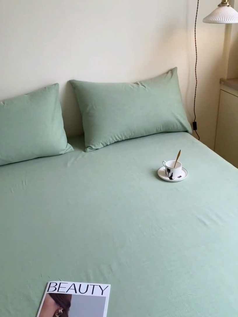 91家纺网 家纺一手货源 找家纺 眠帛家居 2024新款A类亲肤水洗棉纯色单品床单三件套 果绿