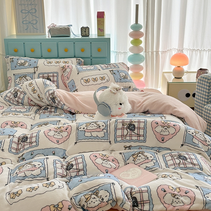 91家纺网 家纺一手货源 找家纺 昔可家纺 2024新款印花牛奶绒四件套系列-卡通系列 泡芙卷卷