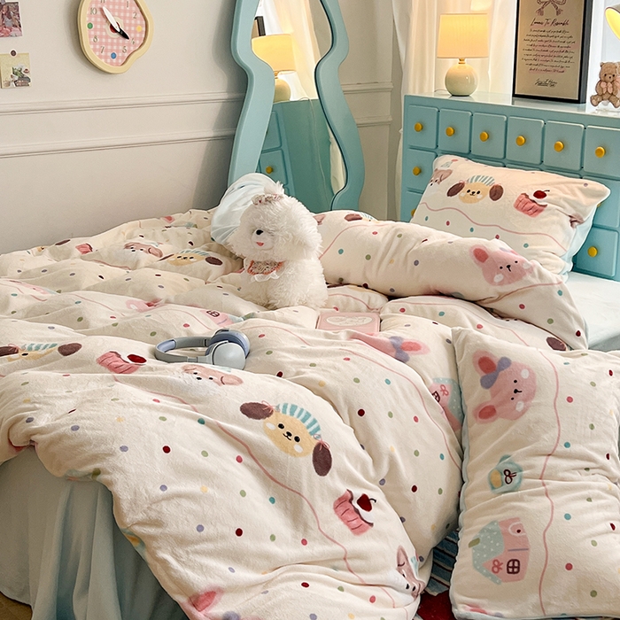 91家纺网 家纺一手货源 找家纺 昔可家纺 2024新款印花牛奶绒四件套系列-卡通系列 萌宠小窝