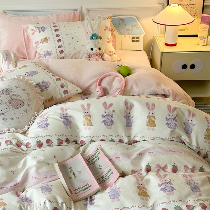 91家纺网 家纺一手货源 找家纺 昔可家纺 2024新款秋冬新款棉加牛奶绒四件套 仙女小兔