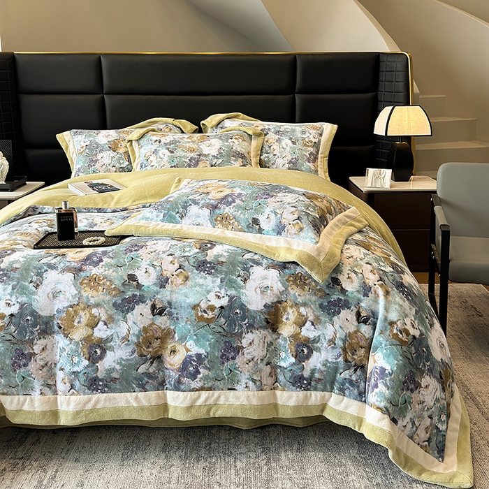 91家纺网 家纺一手货源 找家纺 凡客家居 2024新款高克重牛奶绒数码印花双拼角四件套 温斯顿