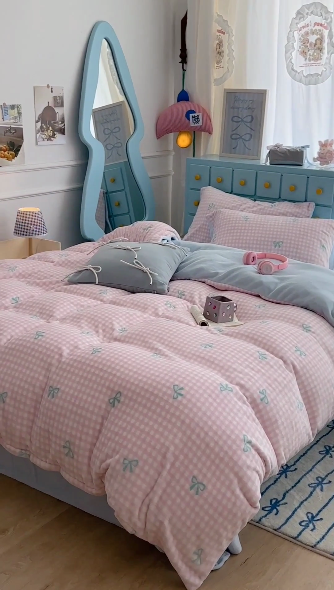 91家纺网 家纺一手货源 找家纺 昔可家纺 2024新款印花牛奶绒四件套系列-ins少女系列 粉格蝴蝶结