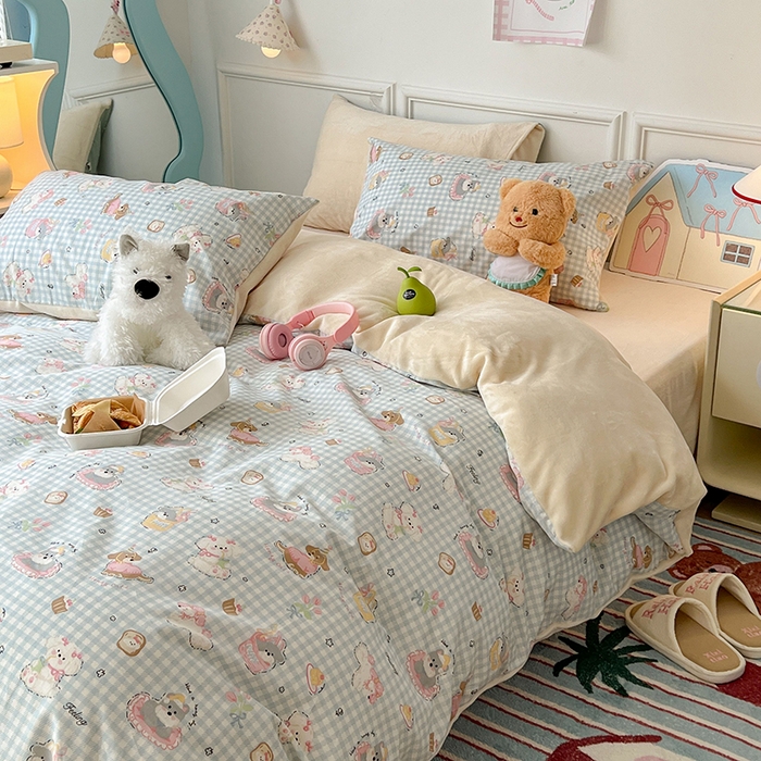 91家纺网 家纺一手货源 找家纺 昔可家纺 2024新款秋冬新款棉加牛奶绒四件套 小狗日记