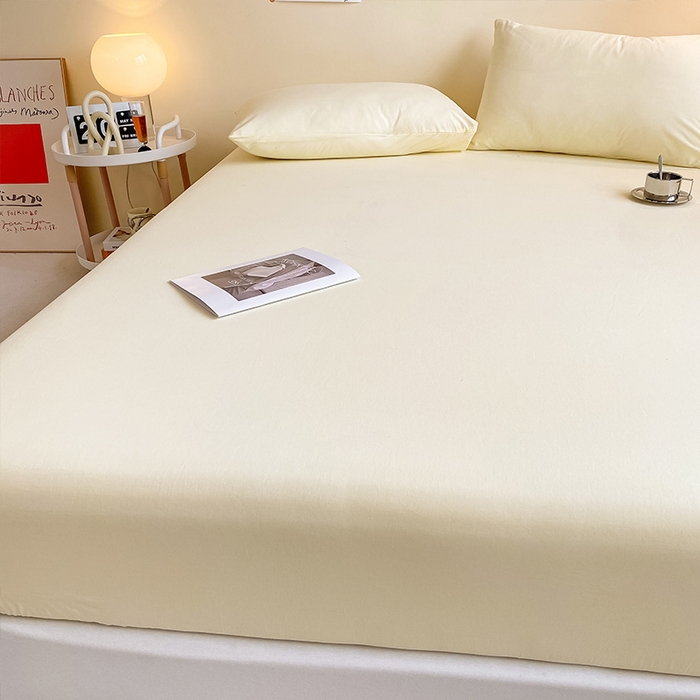 91家纺网 家纺一手货源 找家纺 眠帛家居 2024新款A类亲肤水洗棉纯色单品床笠三件套 奶黄