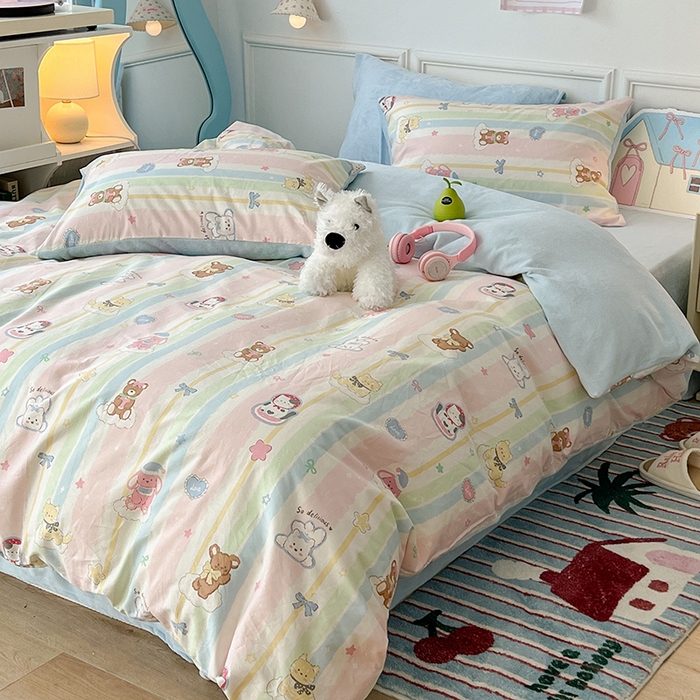 91家纺网 家纺一手货源 找家纺 昔可家纺 2024新款秋冬新款棉加牛奶绒四件套 欢乐彩虹岛