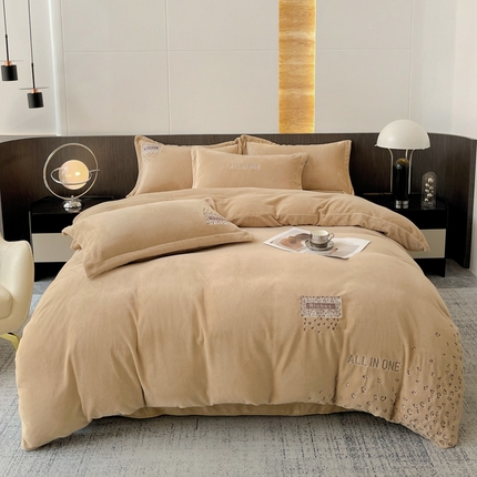 星尚家纺 2024全消光A类牛奶绒绣花四件套-豹纹 卡其色