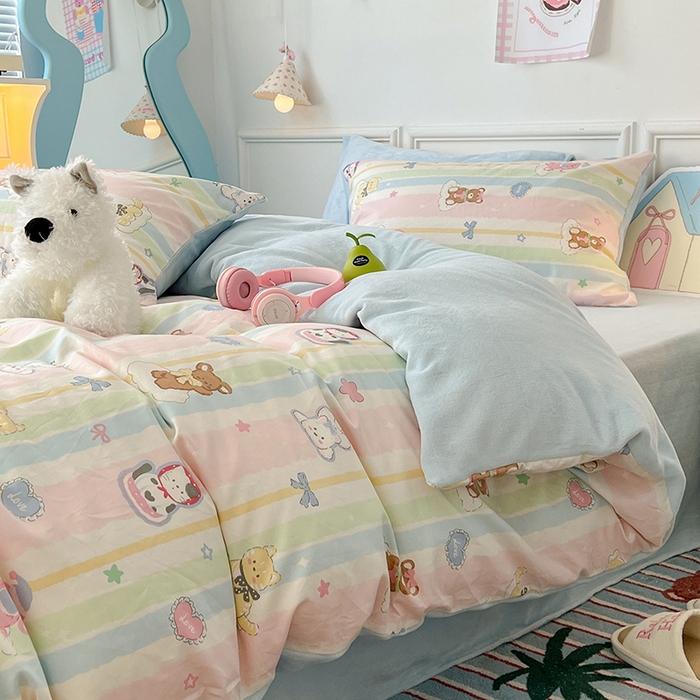 91家纺网 家纺一手货源 找家纺 昔可家纺 2024新款秋冬新款棉加牛奶绒四件套 欢乐彩虹岛