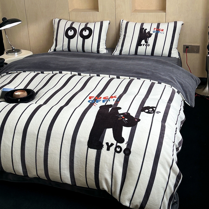 91家纺网 家纺一手货源 找家纺 昔可家纺 2024新款大版数码印花设计师牛奶绒四件套 功夫黑猫