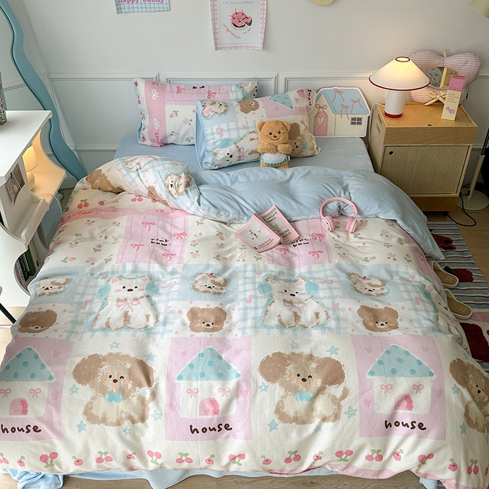 91家纺网 家纺一手货源 找家纺 昔可家纺 2024新款秋冬新款棉加牛奶绒四件套 拼接油画狗