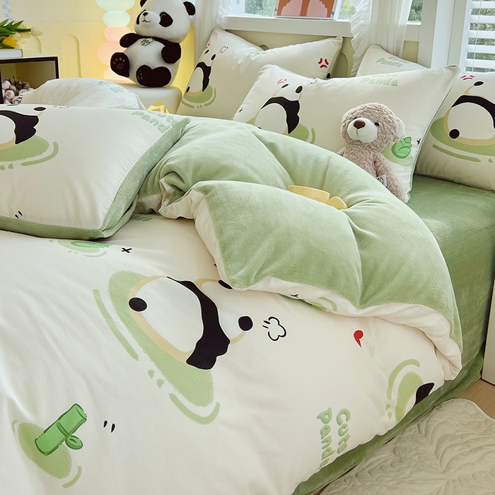 91家纺网 家纺一手货源 找家纺 金鑫汇家纺 2024年新款棉加绒印花四件套保暖牛奶绒法莱绒水晶绒棉加绒-熊猫乐园