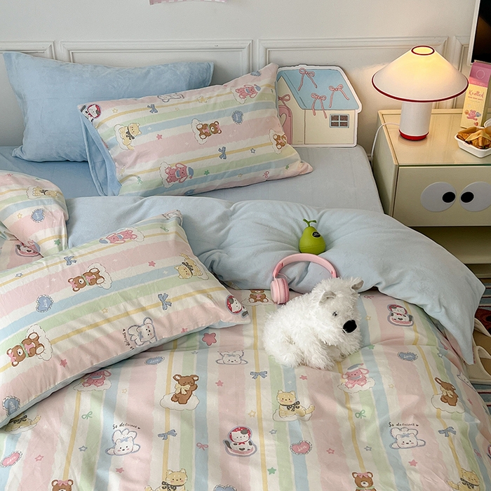 91家纺网 家纺一手货源 找家纺 昔可家纺 2024新款秋冬新款棉加牛奶绒四件套 欢乐彩虹岛