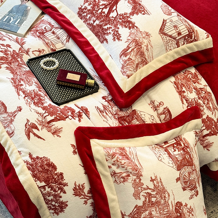 91家纺网 家纺一手货源 找家纺 凡客家居 2024新款高克重牛奶绒数码印花双拼角四件套 玫瑰情缘