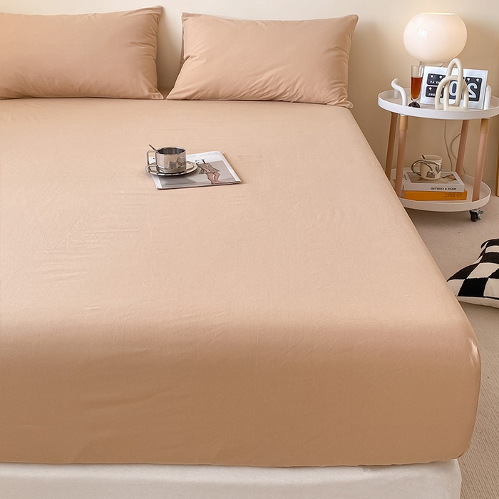 91家纺网 家纺一手货源 找家纺 眠帛家居 2024新款A类亲肤水洗棉纯色单品床笠三件套 奶茶