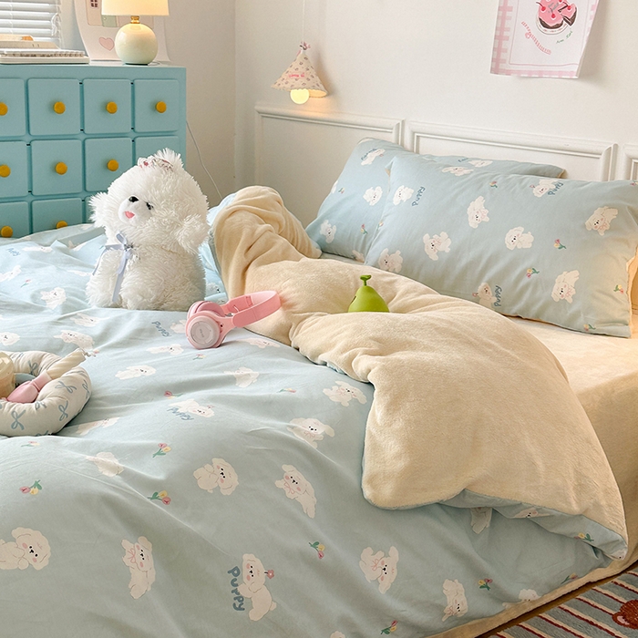 91家纺网 家纺一手货源 找家纺 昔可家纺 2024新款秋冬新款棉加牛奶绒四件套 云朵狗狗