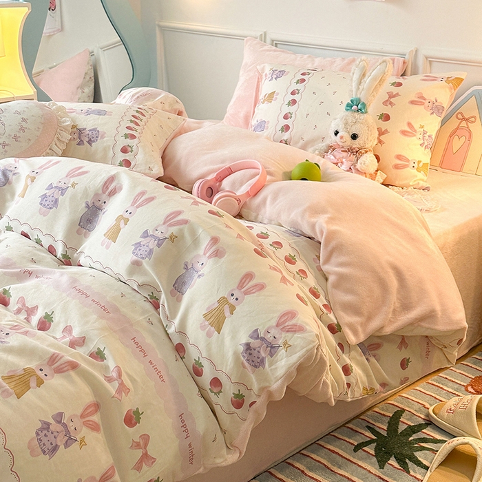 91家纺网 家纺一手货源 找家纺 昔可家纺 2024新款秋冬新款棉加牛奶绒四件套 仙女小兔