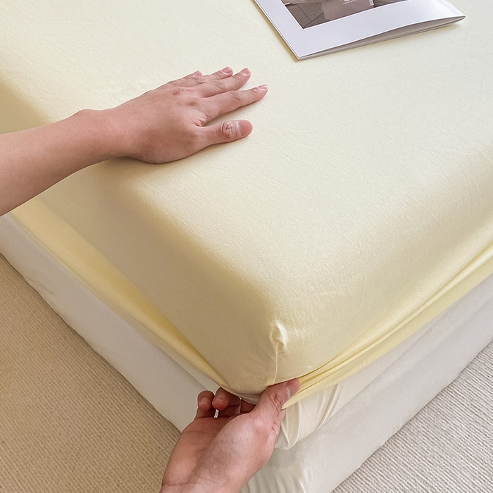 91家纺网 家纺一手货源 找家纺 眠帛家居 2024新款A类亲肤水洗棉纯色单品床笠三件套 奶黄